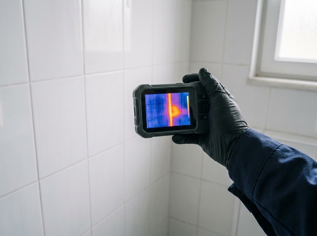 Eldivenli bir el, beyaz fayanslı banyo duvarında termal kamerayla kaçak su hattını gösteriyor